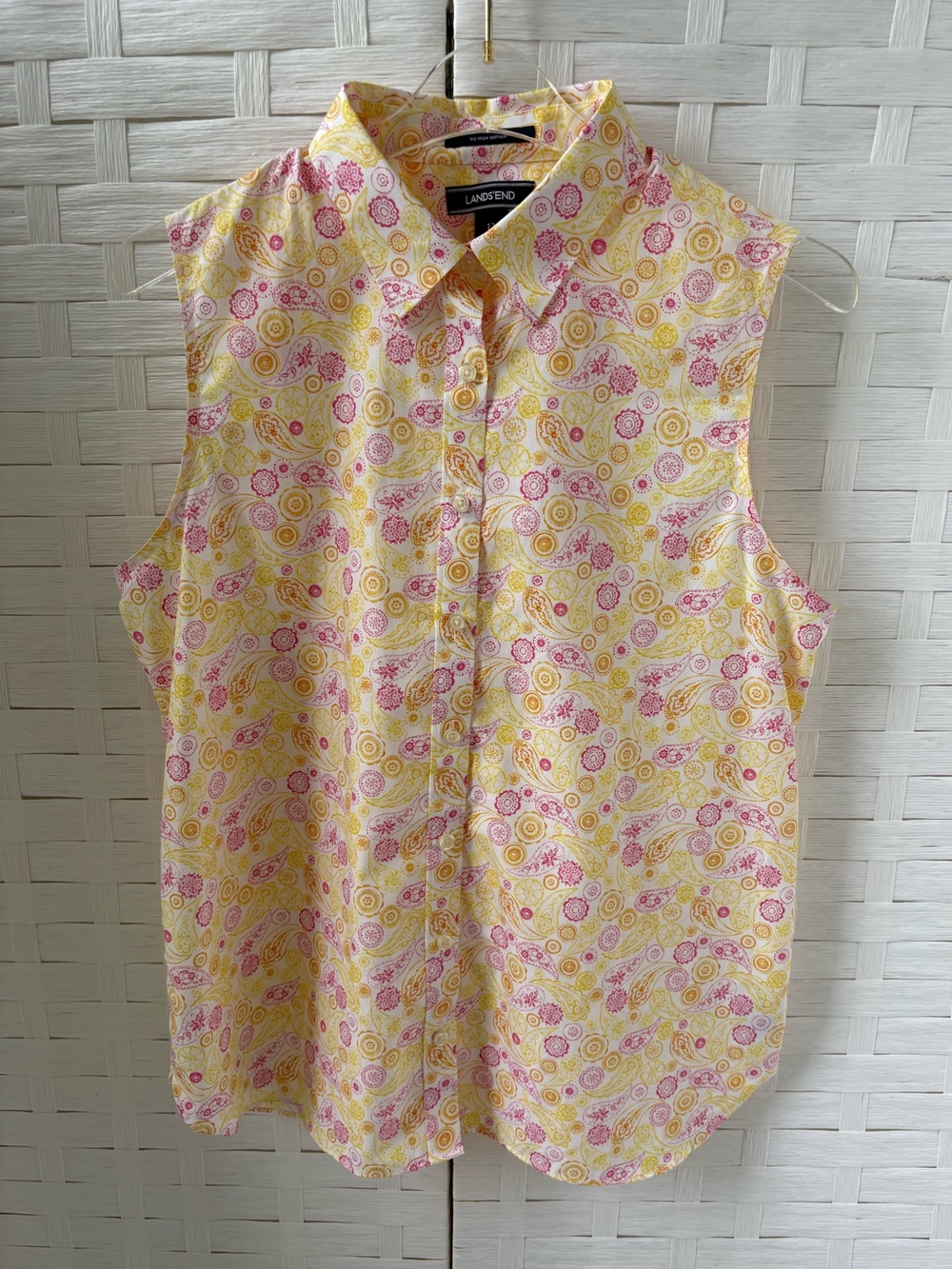 Lands' End Size 12 Cotton No Iron Yellow Pink Sleeveless Button-Down Cruise
